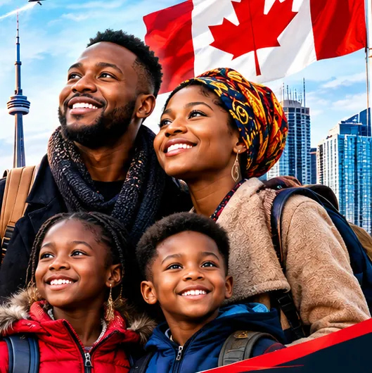 A smiling African family arriving in Toronto with the CN Tower behind them
